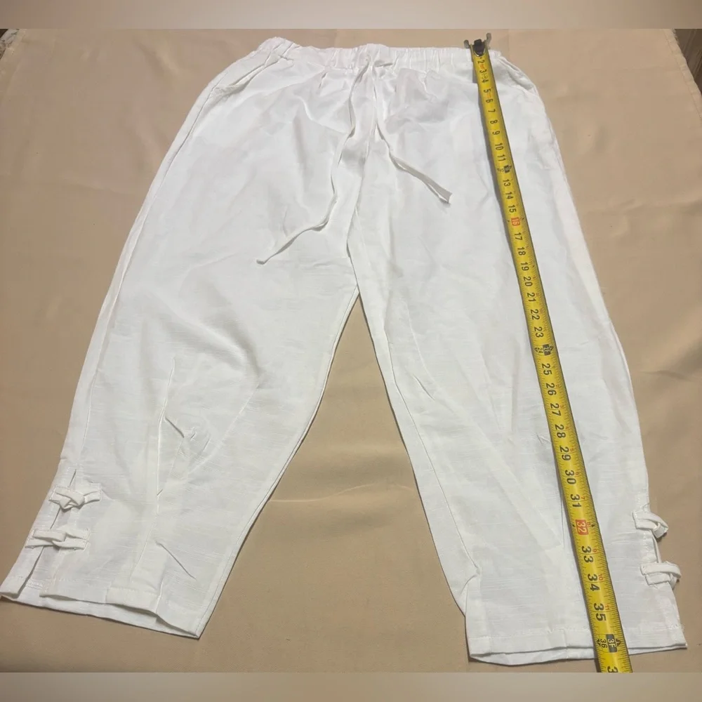 Linen Blend Pants‎ Womens M White Cropped Summer Resort Comfort Capri Drawstring